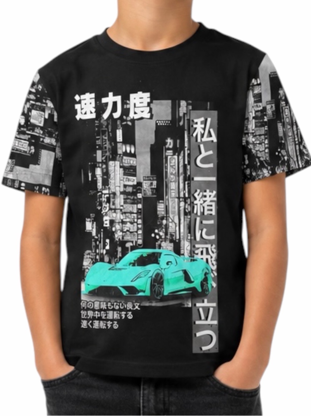 Black Graphic Tee with Teal Sports Car Print